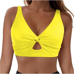 Bikini Tops for Women Cropped Tankini Tops Padded V Neck Knot Twist Cut Out Adjustable Tank Swimwear Top