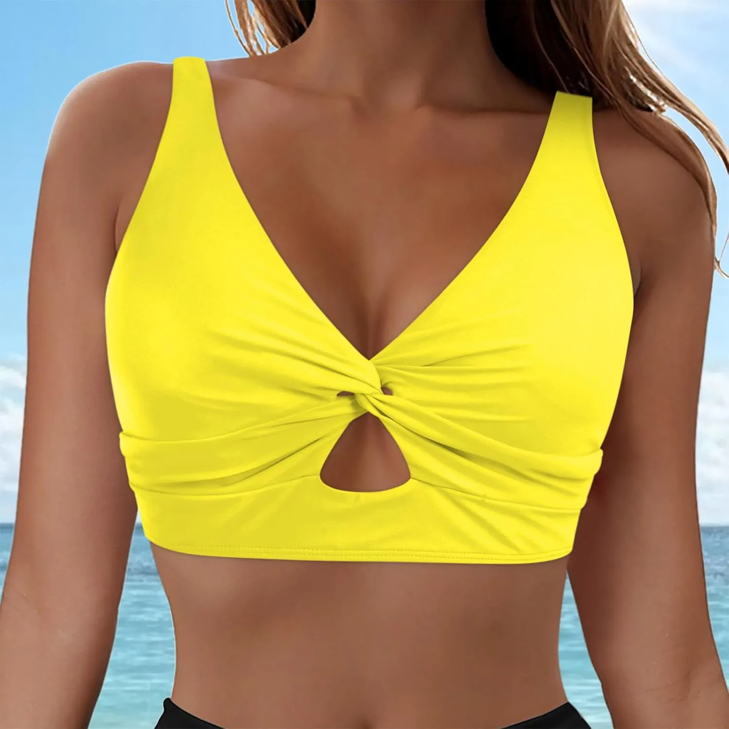 Bikini Tops for Women Cropped Tankini Tops Padded V Neck Knot Twist Cut Out Adjustable Tank Swimwear Top