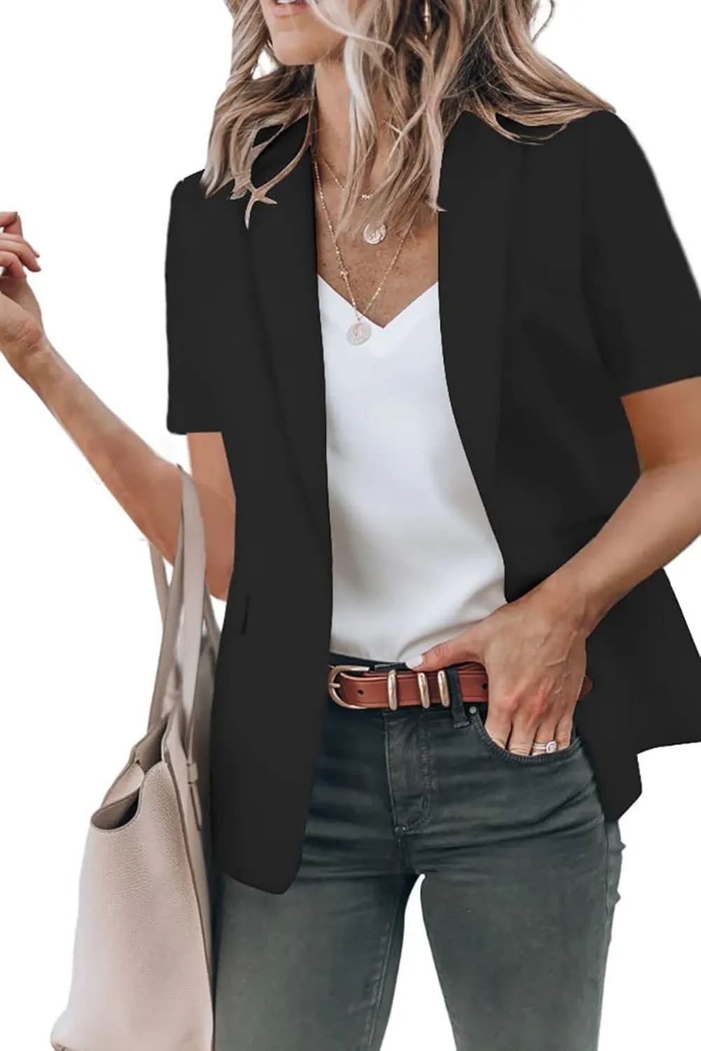 Blazers for Women Business Casual Short Sleeve Lapel Open Front Work Office Jacket Dressy Suit Jackets with Pockets