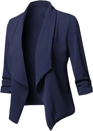 Blazers for Women Stretch 3/4 Gathered Sleeve Open Blazer Jacket Classic Draped Open Front Lightweight Blazer Tops