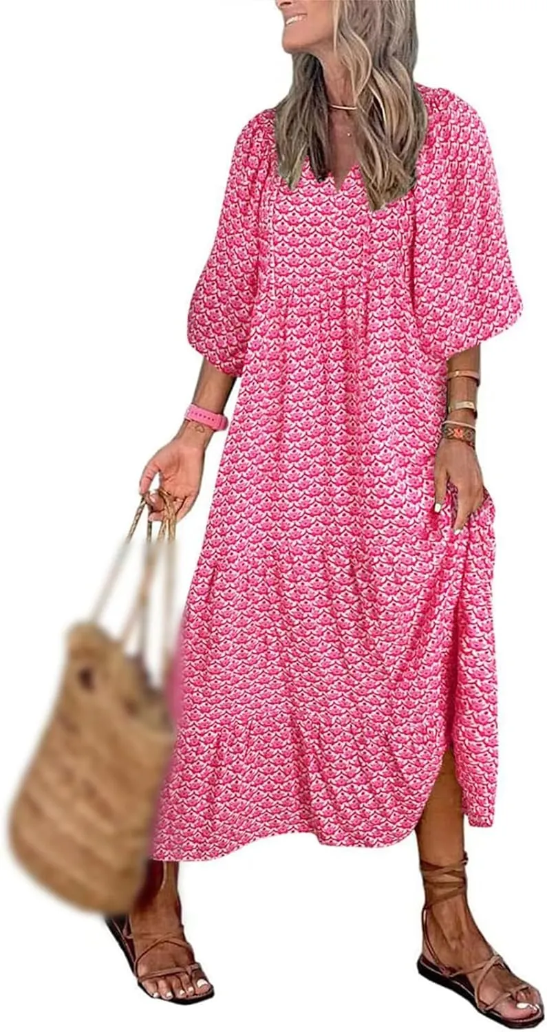 Boho Maxi Dresses for Women Summer Loose V Neck Puff Short Sleeve Dress Casual Flowy Floral Tiered Beach Sundress