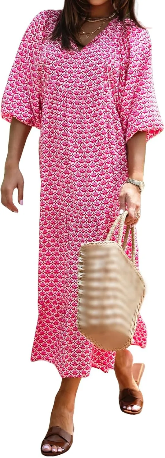 Boho Maxi Dresses for Women Summer Loose V Neck Puff Short Sleeve Dress Casual Flowy Floral Tiered Beach Sundress