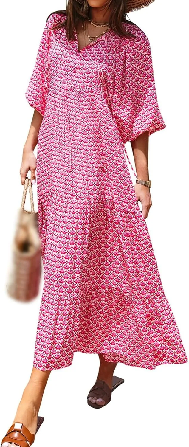 Boho Maxi Dresses for Women Summer Loose V Neck Puff Short Sleeve Dress Casual Flowy Floral Tiered Beach Sundress