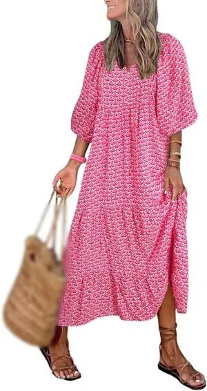 Boho Maxi Dresses for Women Summer Loose V Neck Puff Short Sleeve Dress Casual Flowy Floral Tiered Beach Sundress