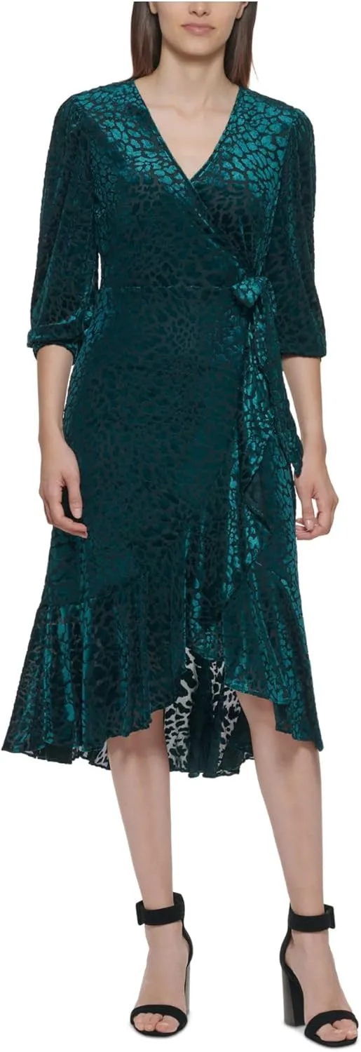 Calvin Klein Womens Petites Velvet Midi Wrap Dress Green 4P