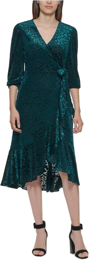 Calvin Klein Womens Petites Velvet Midi Wrap Dress Green 4P