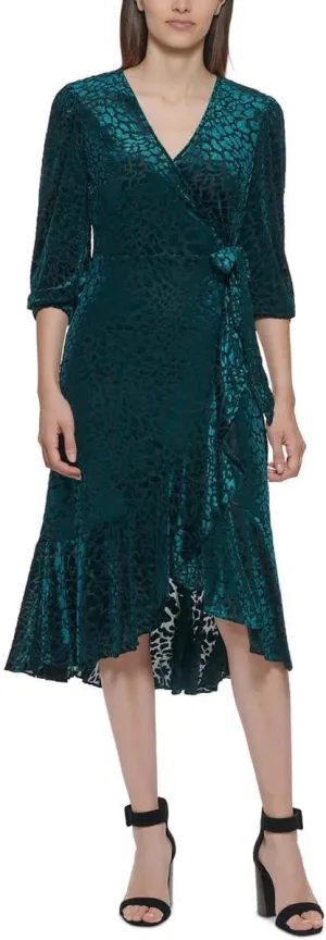 Calvin Klein Womens Petites Velvet Midi Wrap Dress Green 8P
