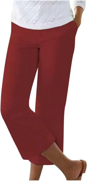 Capri Pants for Women Dressy Casual Stretch Summer 3/4 Length Trousers Wide Leg Cotton Linen Petite Cropped Pants