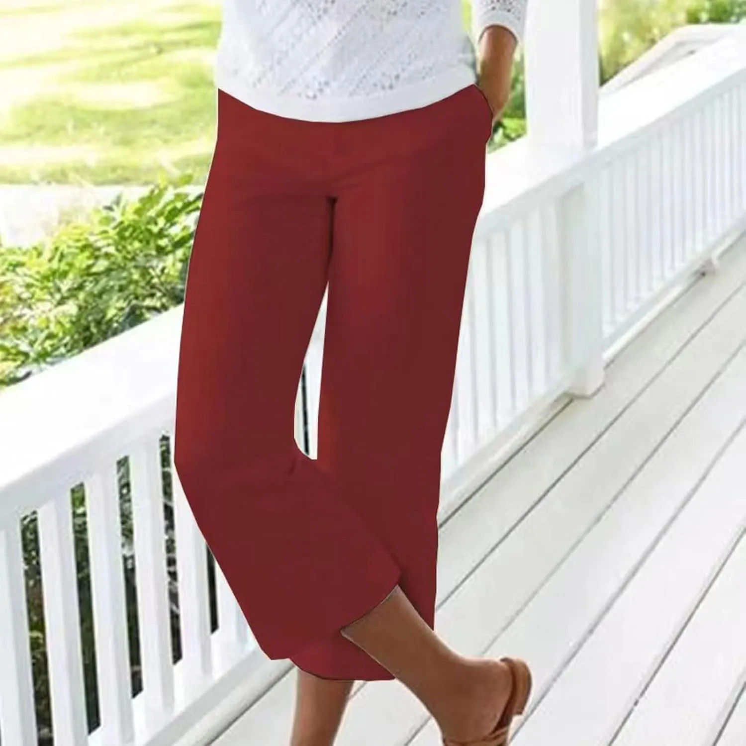 Capri Pants for Women Dressy Casual Stretch Summer 3/4 Length Trousers Wide Leg Cotton Linen Petite Cropped Pants