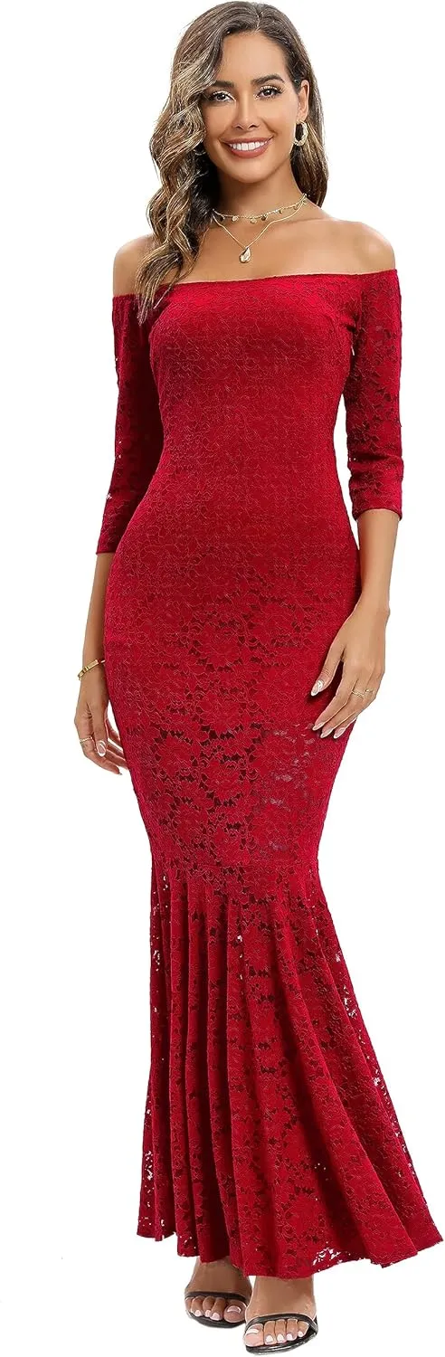 Capuffy Womens Off Shoulder Floral Lace Mermaid Maxi Dress Long Sleeves Lace Bodycon Dress Beach Wedding Guest Dress 226