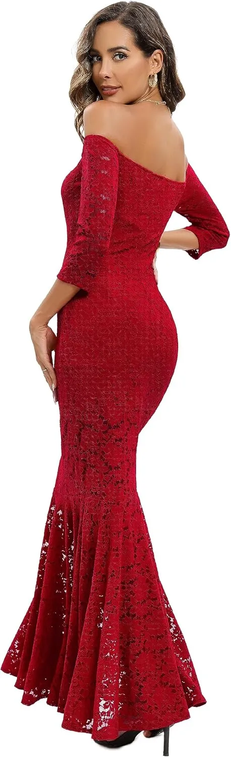Capuffy Womens Off Shoulder Floral Lace Mermaid Maxi Dress Long Sleeves Lace Bodycon Dress Beach Wedding Guest Dress 226
