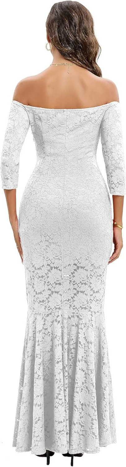 Capuffy Womens Off Shoulder Floral Lace Mermaid Maxi Dress Long Sleeves Lace Bodycon Dress Beach Wedding Guest Dress 226