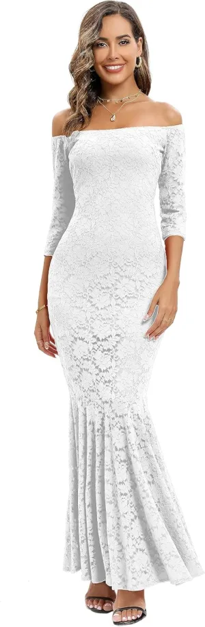 Capuffy Womens Off Shoulder Floral Lace Mermaid Maxi Dress Long Sleeves Lace Bodycon Dress Beach Wedding Guest Dress 226
