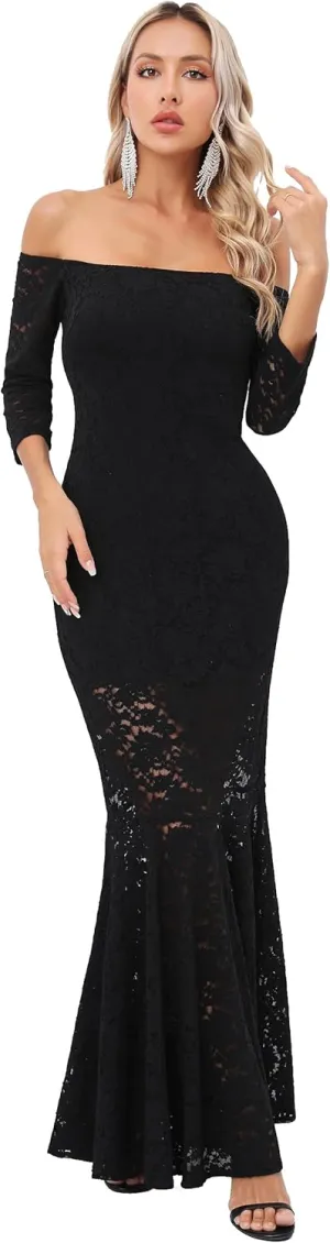 Capuffy Womens Off Shoulder Floral Lace Mermaid Maxi Dress Long Sleeves Lace Bodycon Dress Beach Wedding Guest Dress 226