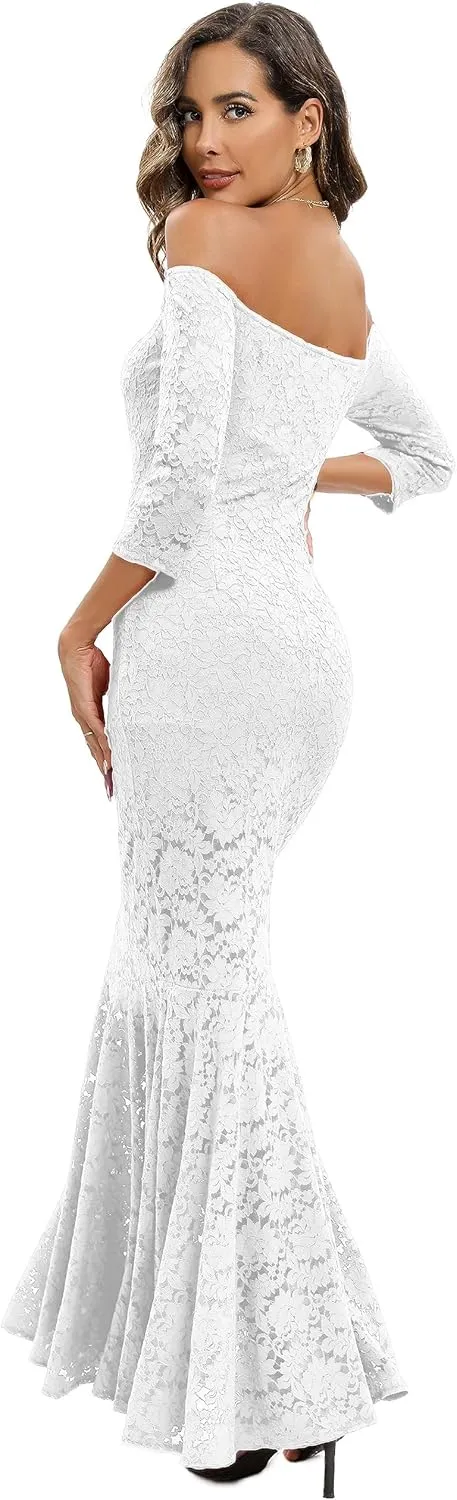 Capuffy Womens Off Shoulder Floral Lace Mermaid Maxi Dress Long Sleeves Lace Bodycon Dress Beach Wedding Guest Dress 226
