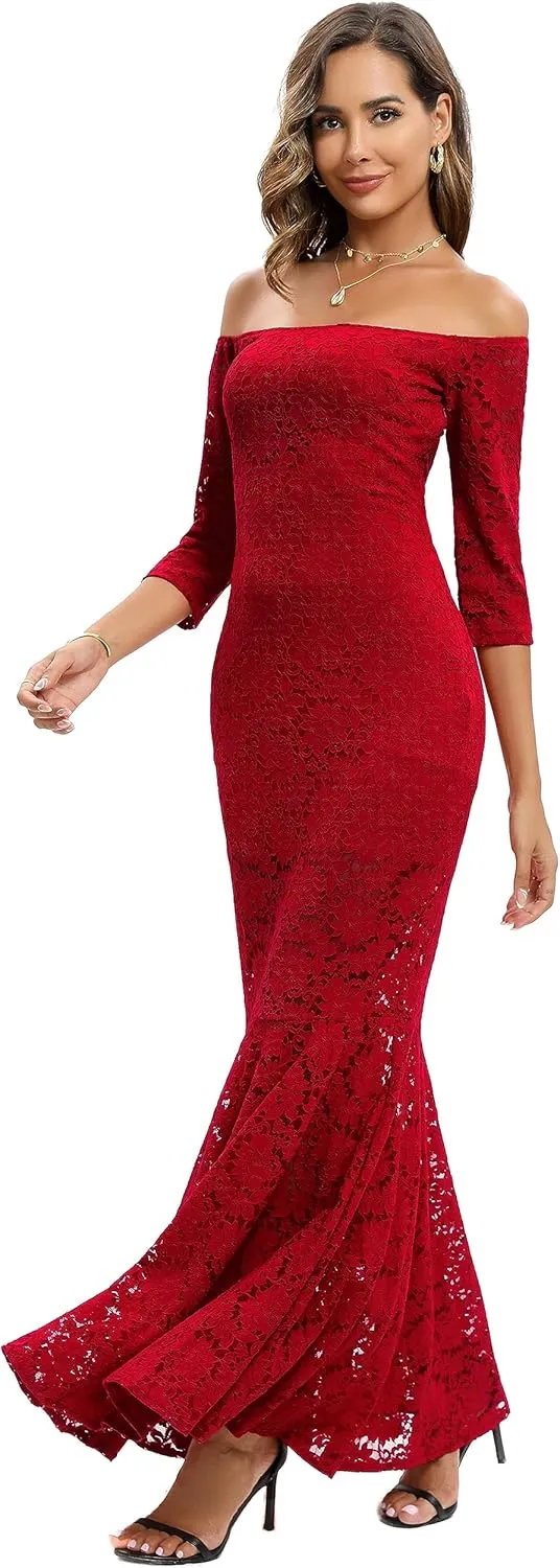 Capuffy Womens Off Shoulder Floral Lace Mermaid Maxi Dress Long Sleeves Lace Bodycon Dress Beach Wedding Guest Dress 226