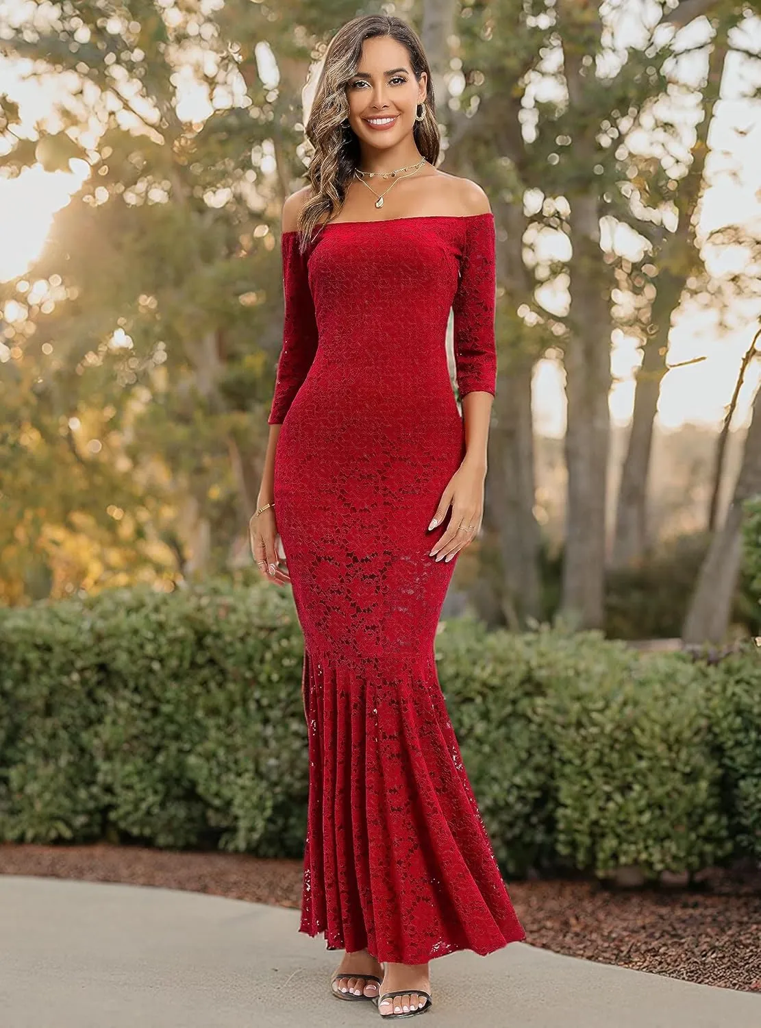 Capuffy Womens Off Shoulder Floral Lace Mermaid Maxi Dress Long Sleeves Lace Bodycon Dress Beach Wedding Guest Dress 226