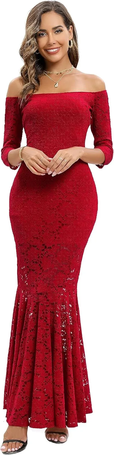 Capuffy Womens Off Shoulder Floral Lace Mermaid Maxi Dress Long Sleeves Lace Bodycon Dress Beach Wedding Guest Dress 226