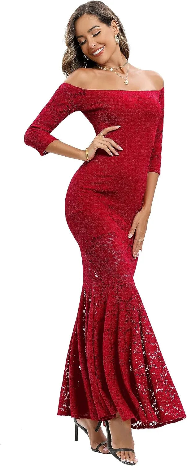 Capuffy Womens Off Shoulder Floral Lace Mermaid Maxi Dress Long Sleeves Lace Bodycon Dress Beach Wedding Guest Dress 226