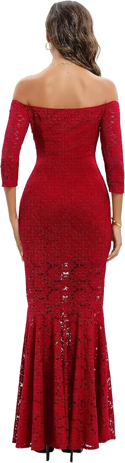 Capuffy Womens Off Shoulder Floral Lace Mermaid Maxi Dress Long Sleeves Lace Bodycon Dress Beach Wedding Guest Dress 226