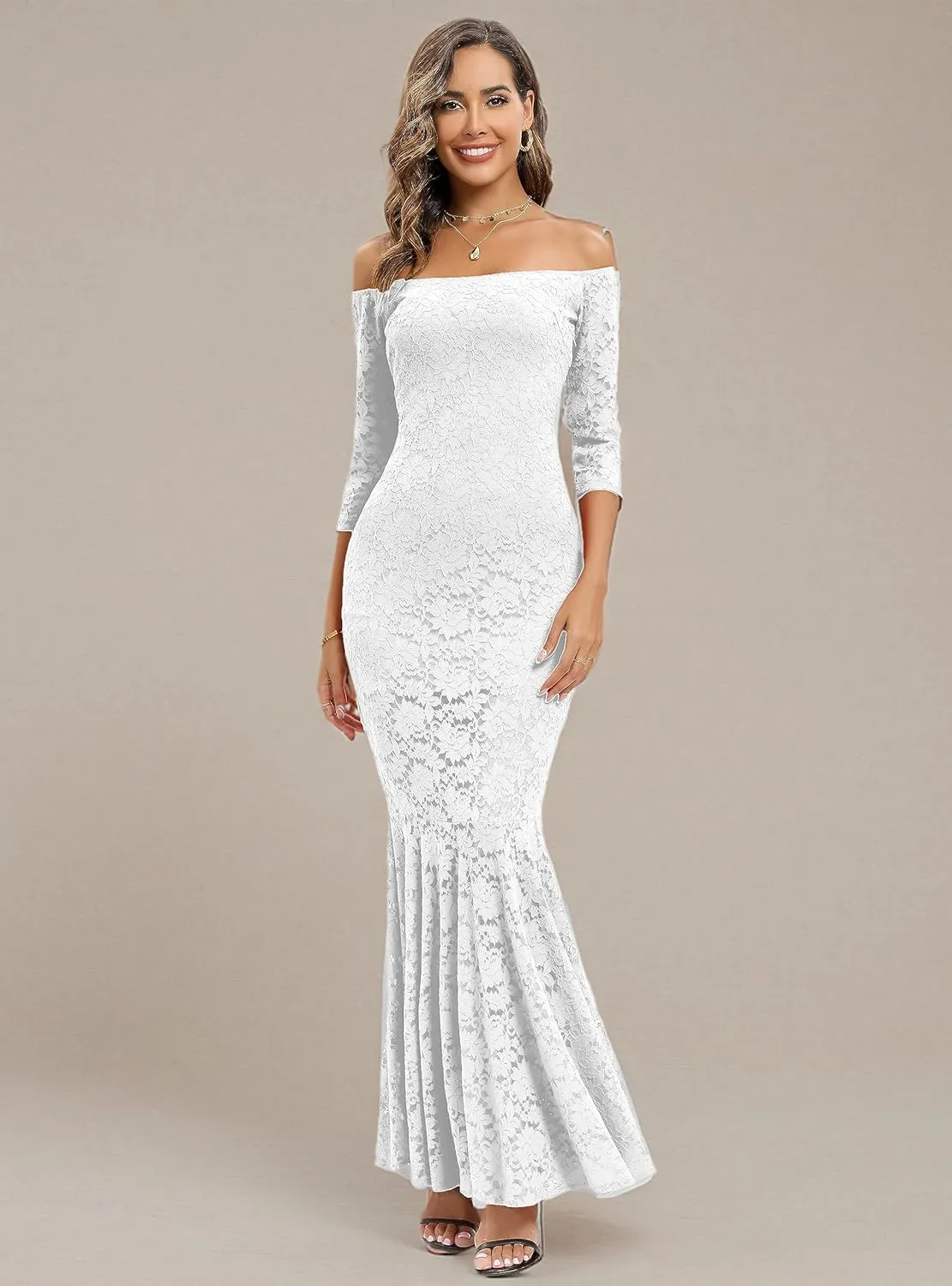 Capuffy Womens Off Shoulder Floral Lace Mermaid Maxi Dress Long Sleeves Lace Bodycon Dress Beach Wedding Guest Dress 226