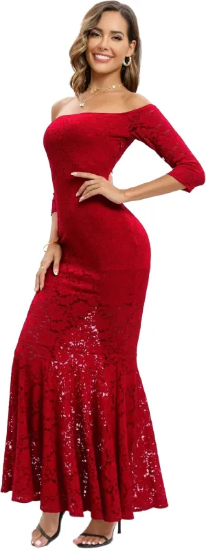 Capuffy Womens Off Shoulder Floral Lace Mermaid Maxi Dress Long Sleeves Lace Bodycon Dress Beach Wedding Guest Dress 226