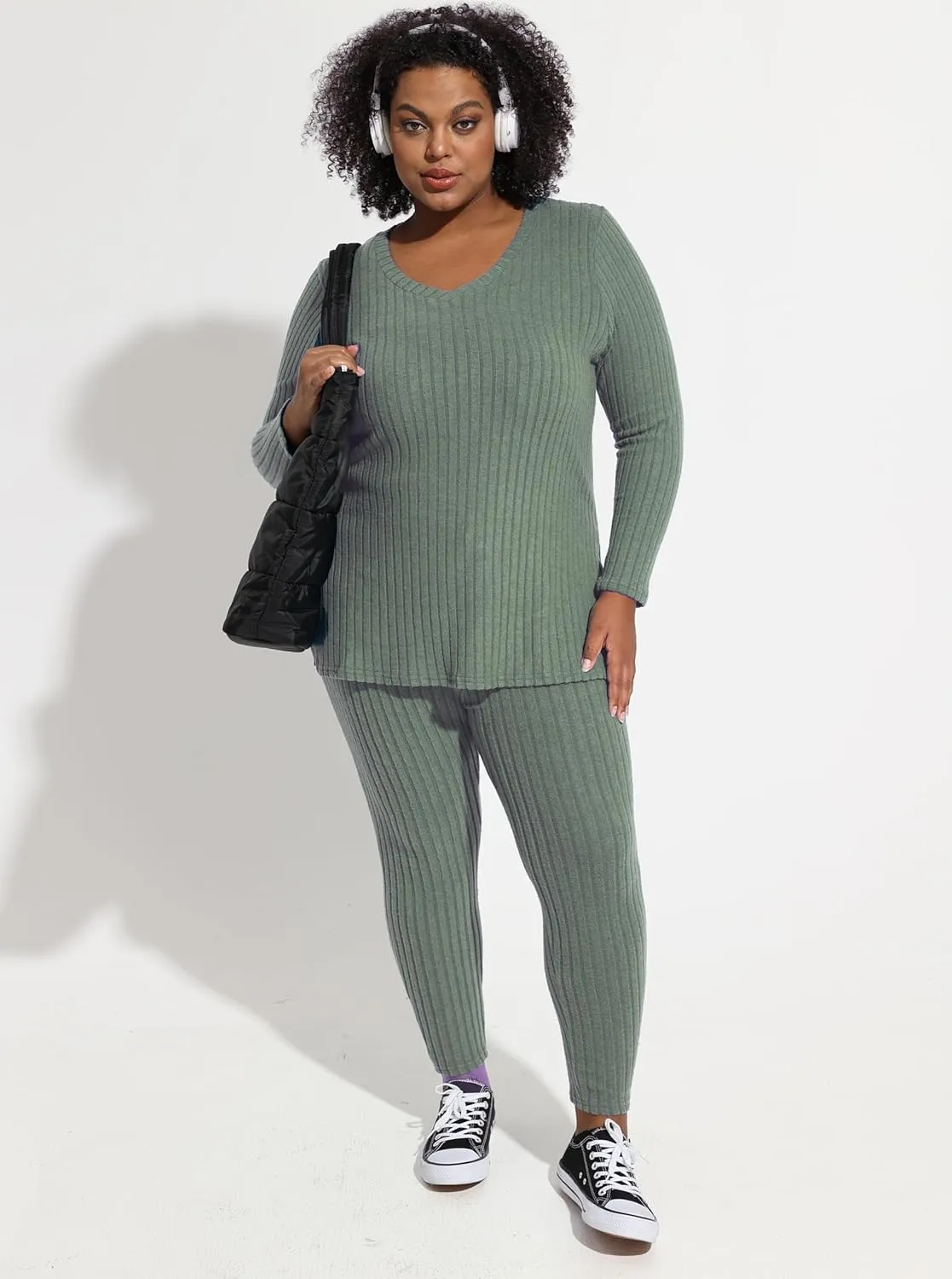 CARCOS Plus Size 2 Piece Fall Sets for Women Ribbed Sweaters Outfits Lounge Set Long Sleeve Pajama Sets Track Suits XL-5XL
