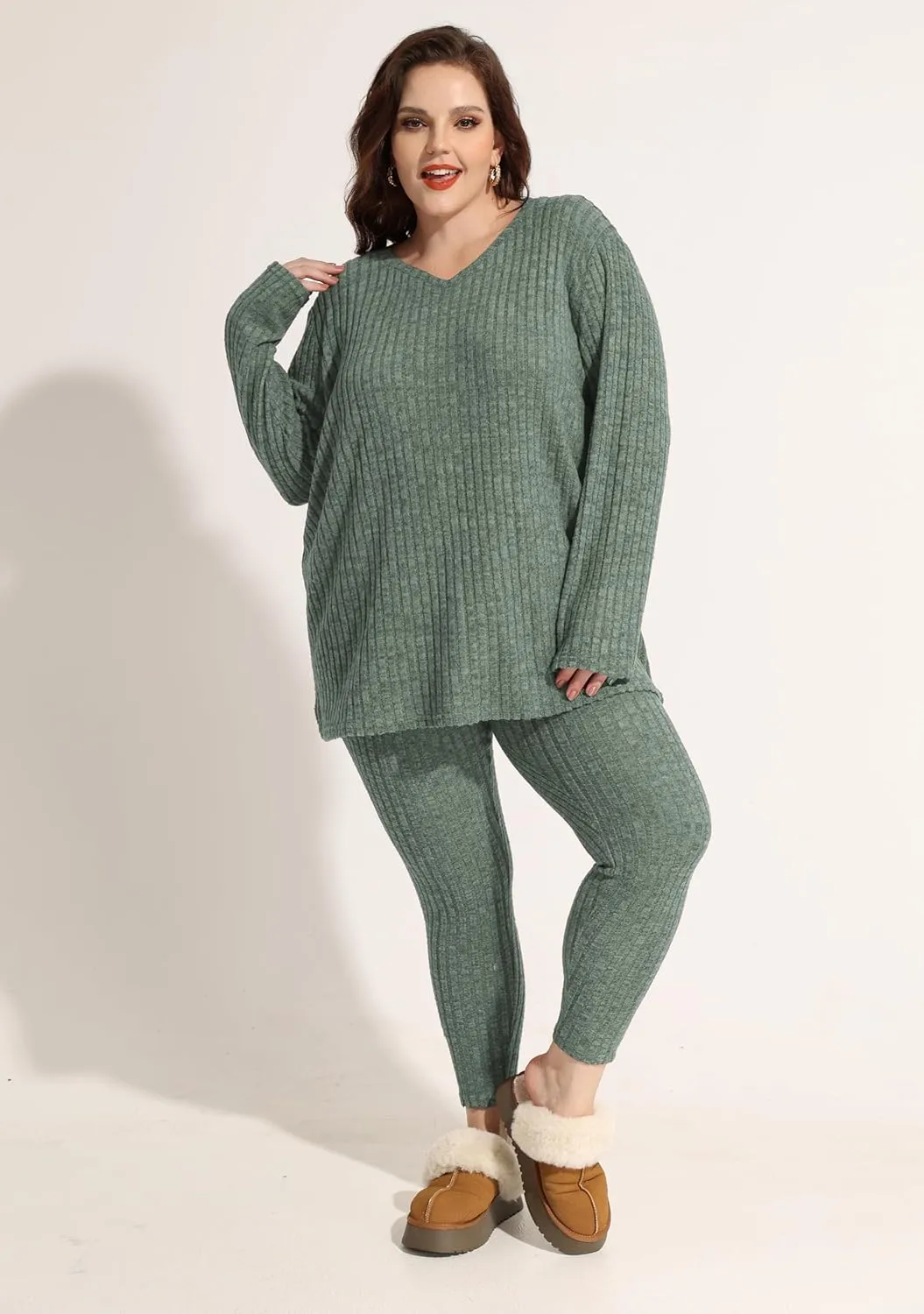 CARCOS Plus Size 2 Piece Fall Sets for Women Ribbed Sweaters Outfits Lounge Set Long Sleeve Pajama Sets Track Suits XL-5XL