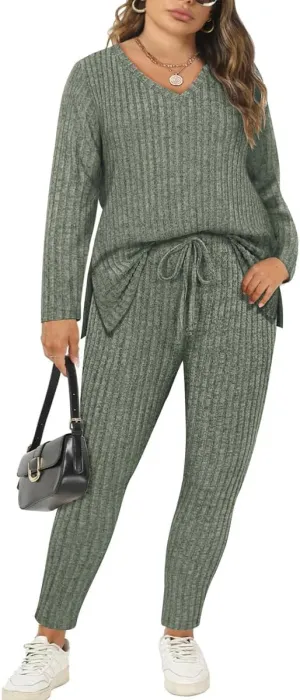 CARCOS Plus Size 2 Piece Fall Sets for Women Ribbed Sweaters Outfits Lounge Set Long Sleeve Pajama Sets Track Suits XL-5XL