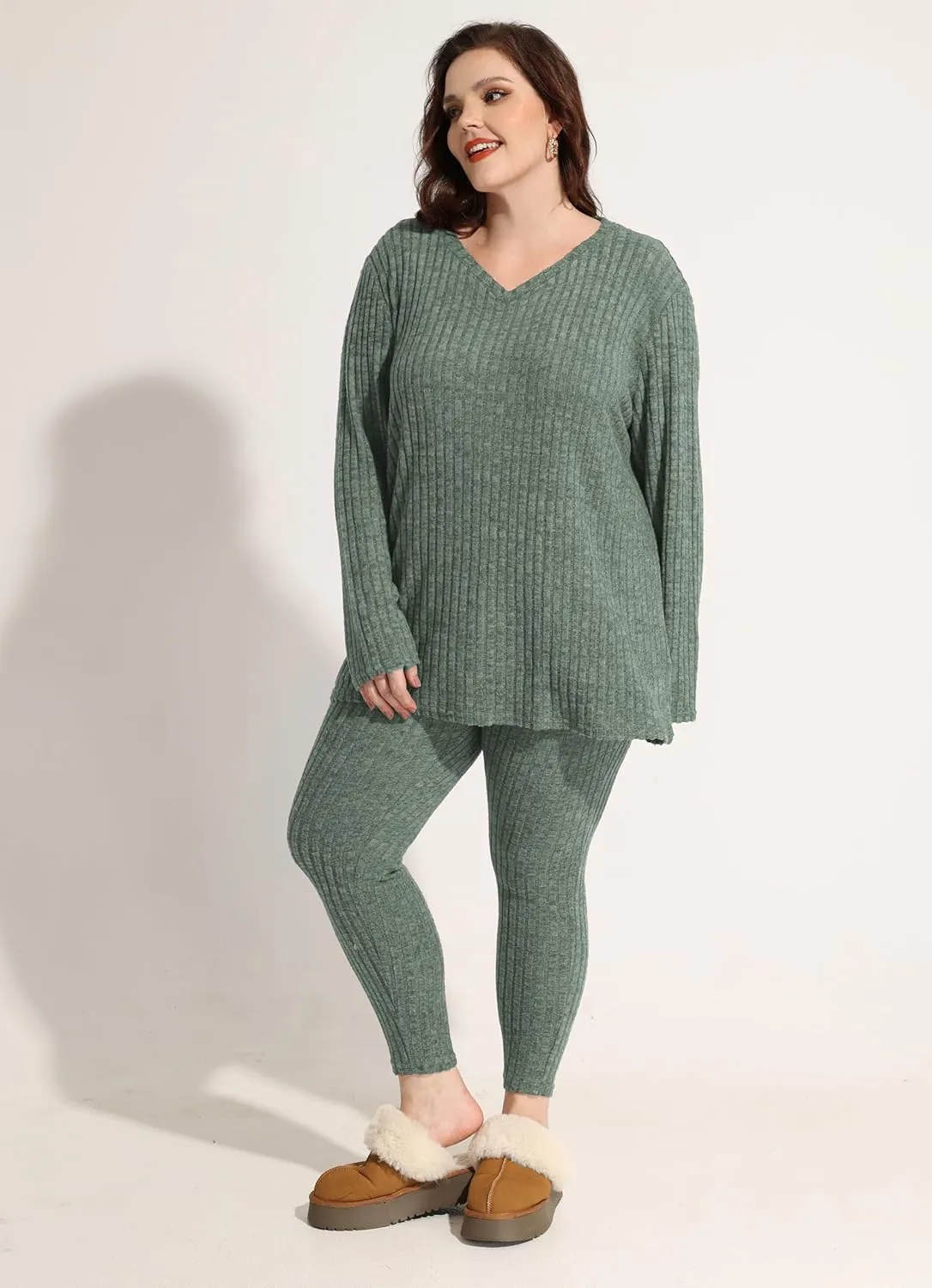 CARCOS Plus Size 2 Piece Fall Sets for Women Ribbed Sweaters Outfits Lounge Set Long Sleeve Pajama Sets Track Suits XL-5XL