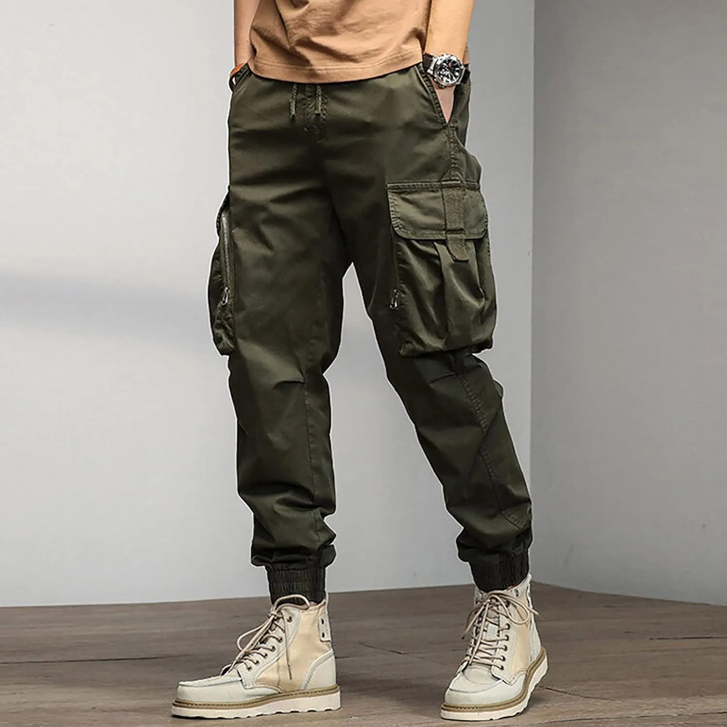 Cargo Sweatpants for Men Pockets Men's Hiking Cargo Straight Leg Sweatpants Stretch Elastic Waist Jogger Sports Pants