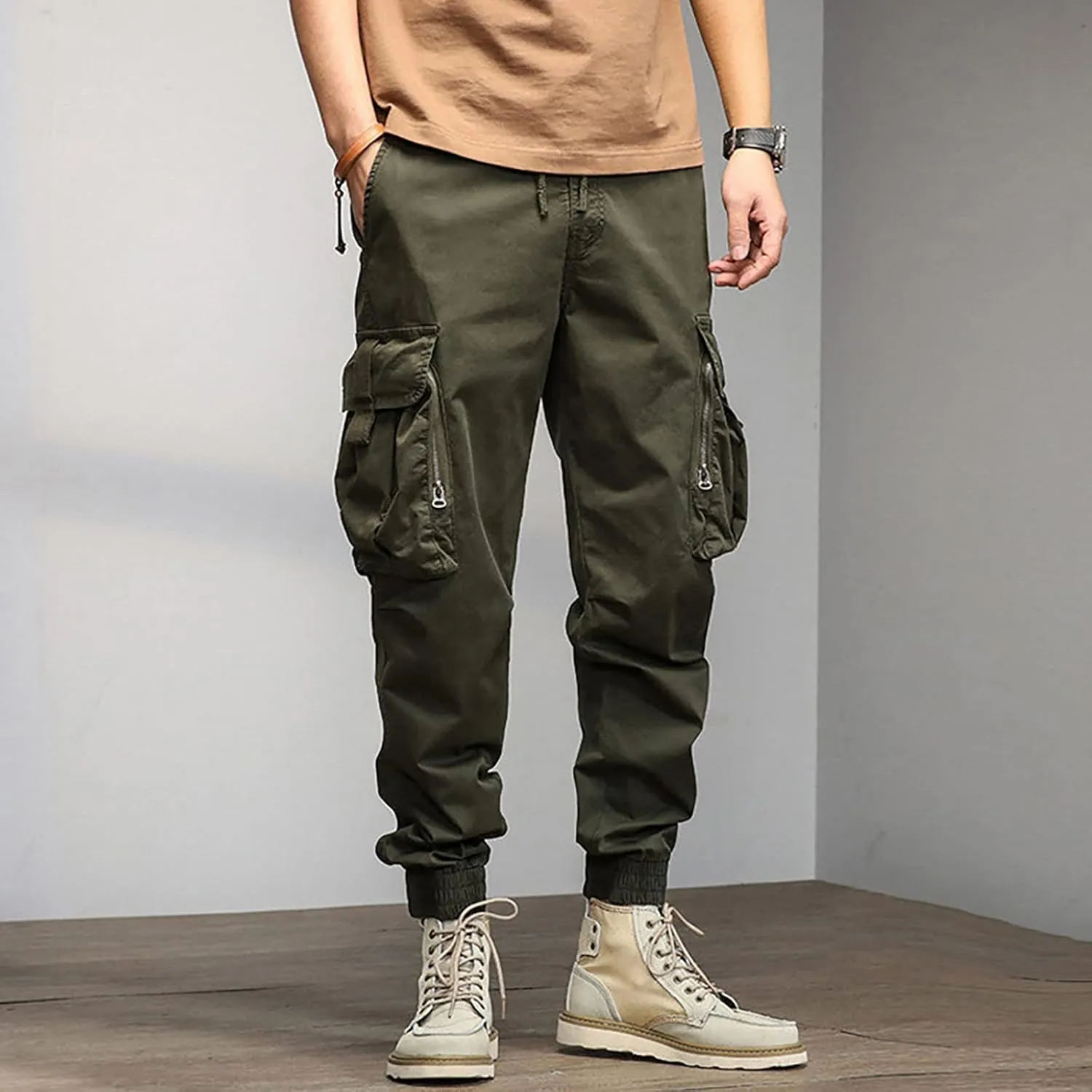 Cargo Sweatpants for Men Pockets Men's Hiking Cargo Straight Leg Sweatpants Stretch Elastic Waist Jogger Sports Pants