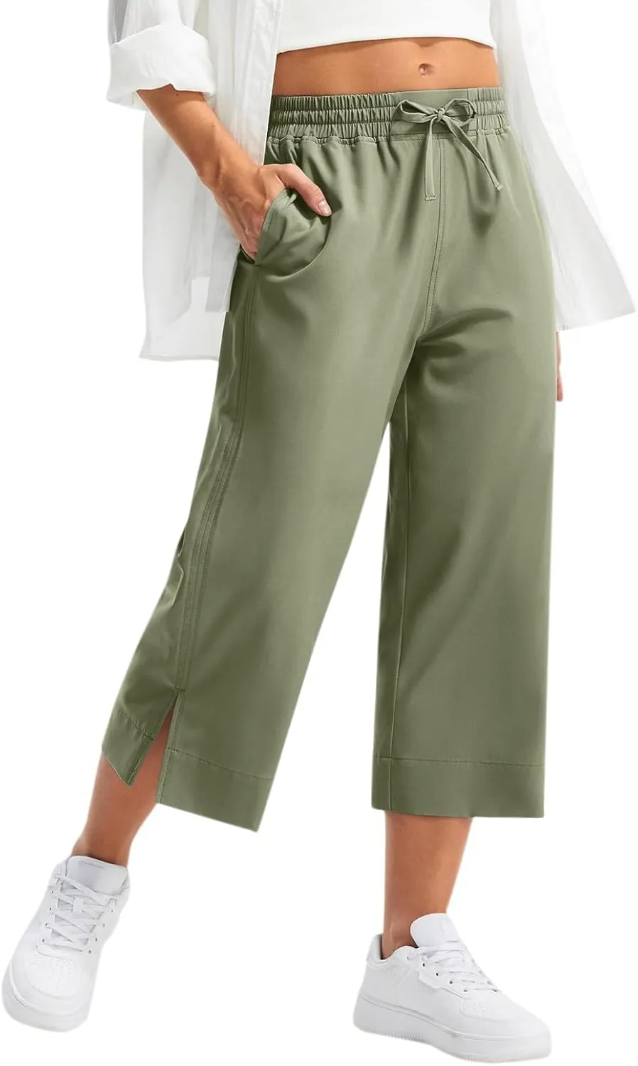Casual Capri Pants for Women Summer Lightweight Drawstring Waist Lounge Pants with Pockets Split Hem Travel Capris