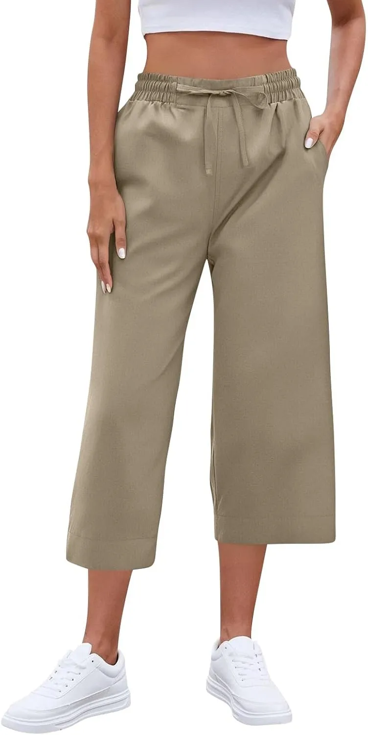 Casual Capri Pants for Women Summer Lightweight Drawstring Waist Lounge Pants with Pockets Split Hem Travel Capris