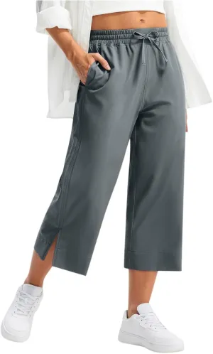 Casual Capri Pants for Women Summer Lightweight Drawstring Waist Lounge Pants with Pockets Split Hem Travel Capris