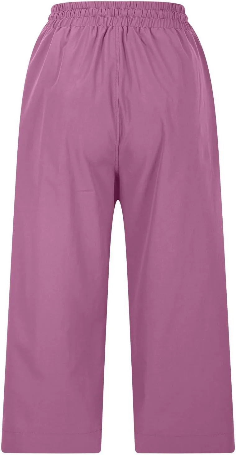 Casual Capri Pants for Women Summer Lightweight Drawstring Waist Lounge Pants with Pockets Split Hem Travel Capris