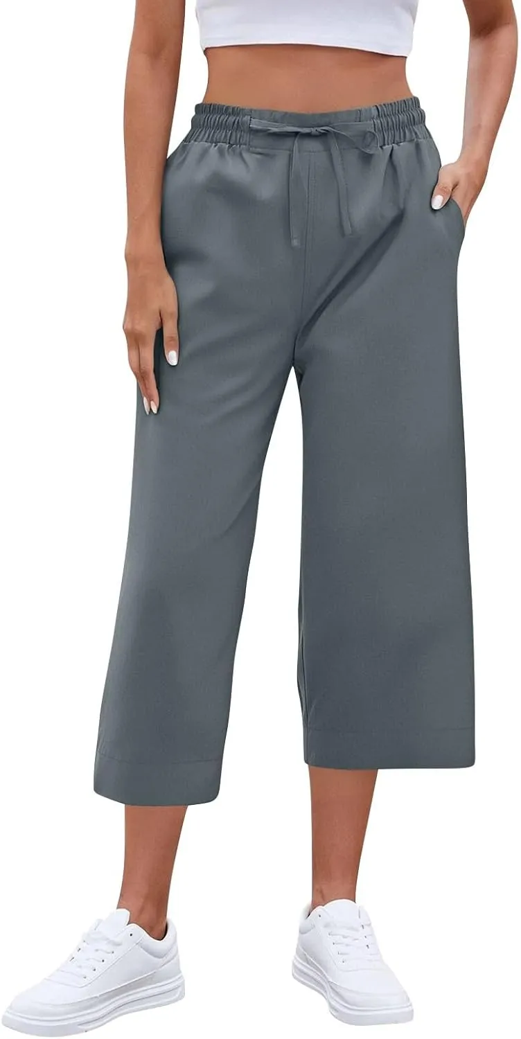 Casual Capri Pants for Women Summer Lightweight Drawstring Waist Lounge Pants with Pockets Split Hem Travel Capris