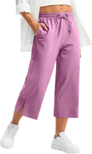 Casual Capri Pants for Women Summer Lightweight Drawstring Waist Lounge Pants with Pockets Split Hem Travel Capris