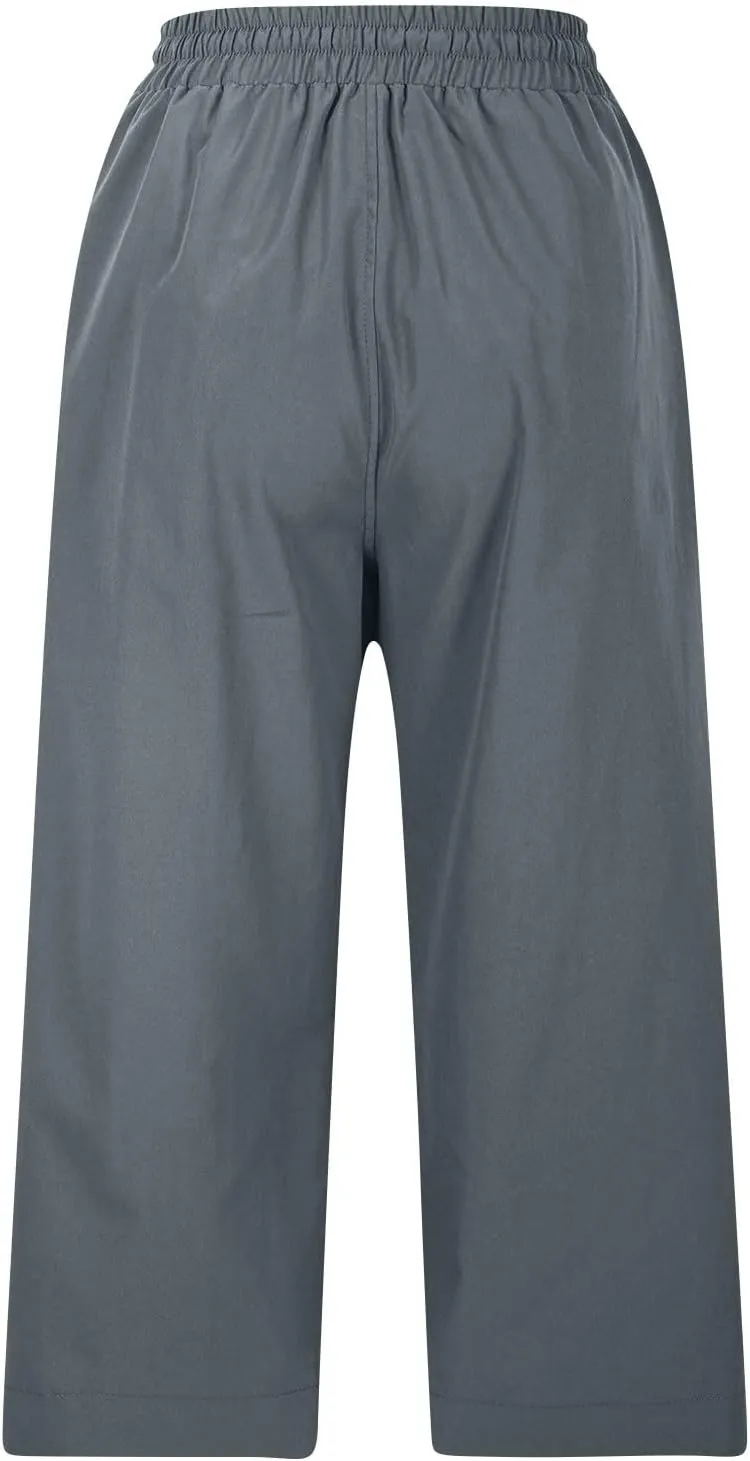 Casual Capri Pants for Women Summer Lightweight Drawstring Waist Lounge Pants with Pockets Split Hem Travel Capris