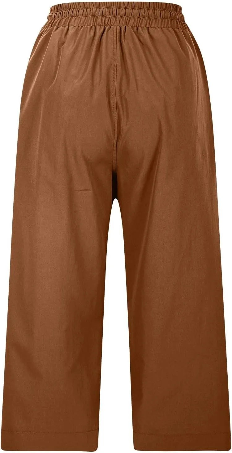 Casual Capri Pants for Women Summer Lightweight Drawstring Waist Lounge Pants with Pockets Split Hem Travel Capris