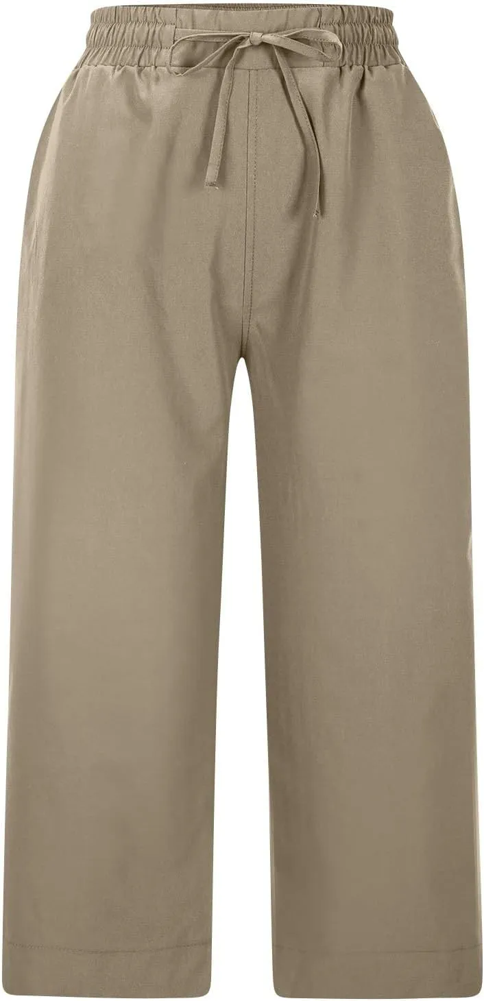 Casual Capri Pants for Women Summer Lightweight Drawstring Waist Lounge Pants with Pockets Split Hem Travel Capris