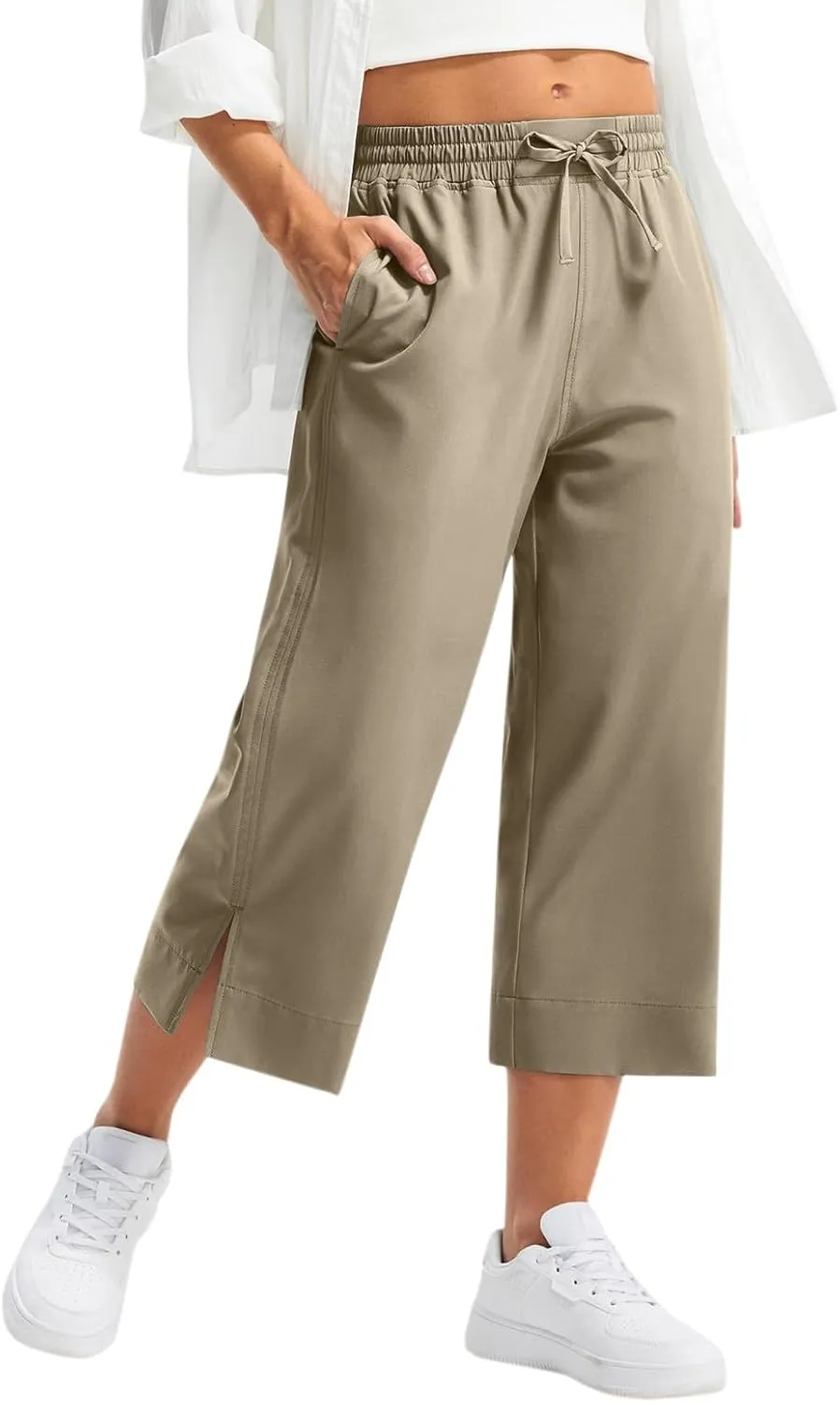 Casual Capri Pants for Women Summer Lightweight Drawstring Waist Lounge Pants with Pockets Split Hem Travel Capris