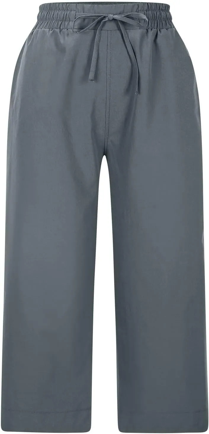 Casual Capri Pants for Women Summer Lightweight Drawstring Waist Lounge Pants with Pockets Split Hem Travel Capris