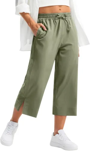 Casual Capri Pants for Women Summer Lightweight Drawstring Waist Lounge Pants with Pockets Split Hem Travel Capris