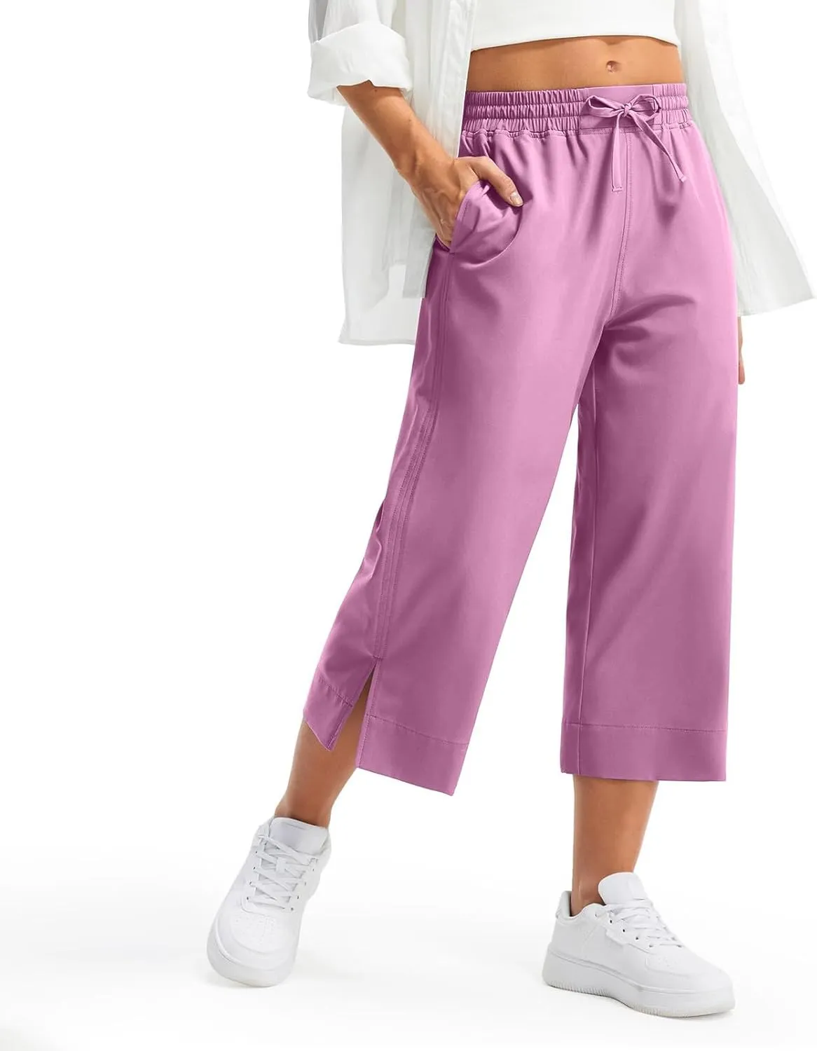 Casual Capri Pants for Women Summer Lightweight Drawstring Waist Lounge Pants with Pockets Split Hem Travel Capris