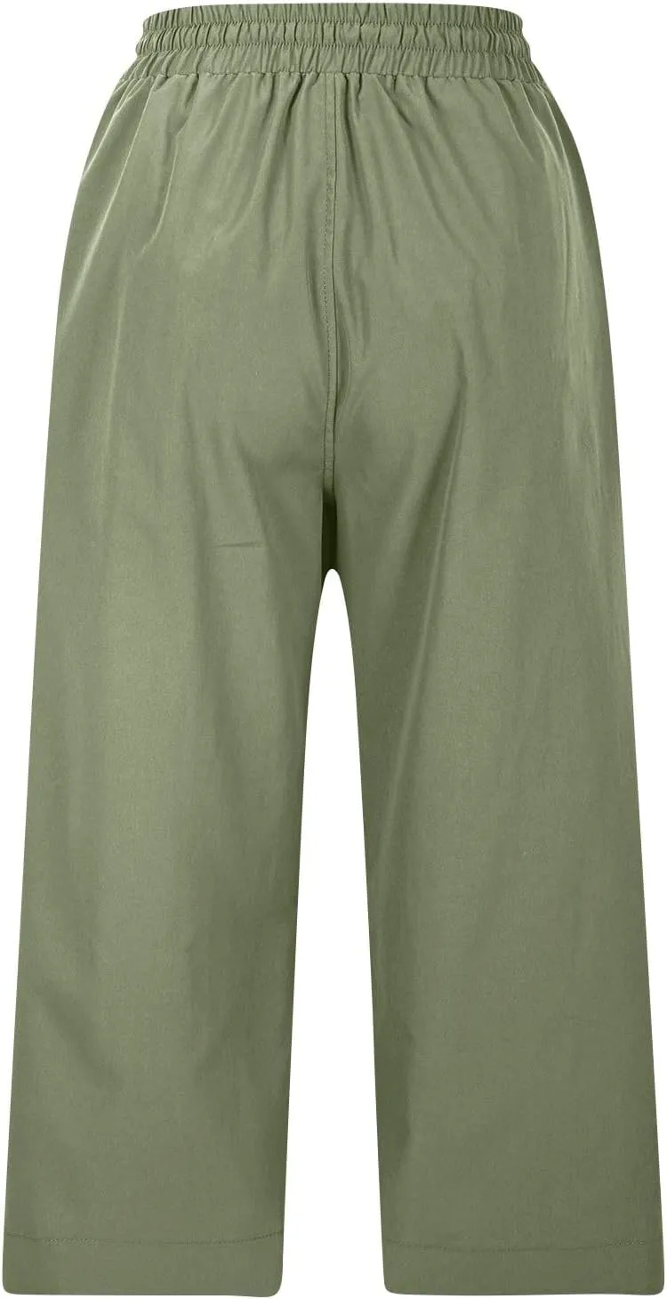 Casual Capri Pants for Women Summer Lightweight Drawstring Waist Lounge Pants with Pockets Split Hem Travel Capris