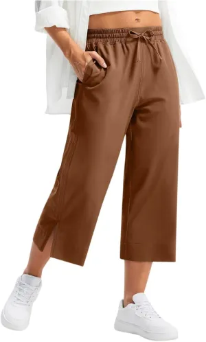 Casual Capri Pants for Women Summer Lightweight Drawstring Waist Lounge Pants with Pockets Split Hem Travel Capris