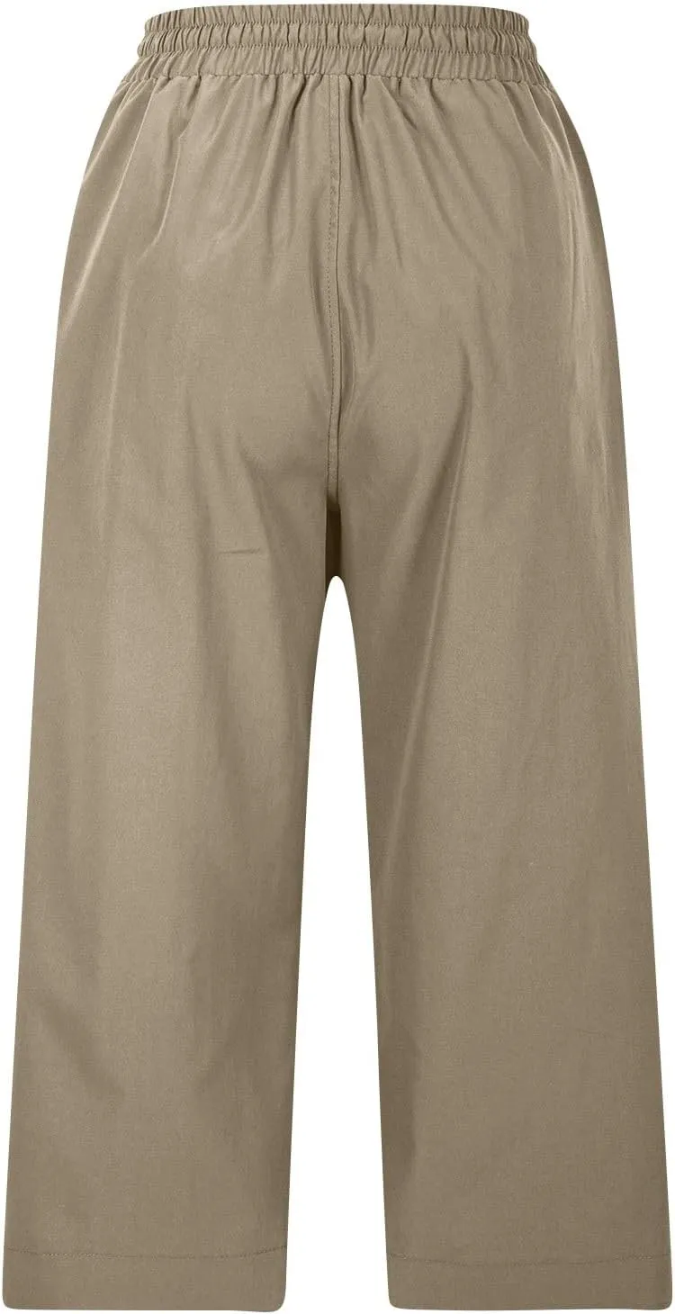 Casual Capri Pants for Women Summer Lightweight Drawstring Waist Lounge Pants with Pockets Split Hem Travel Capris