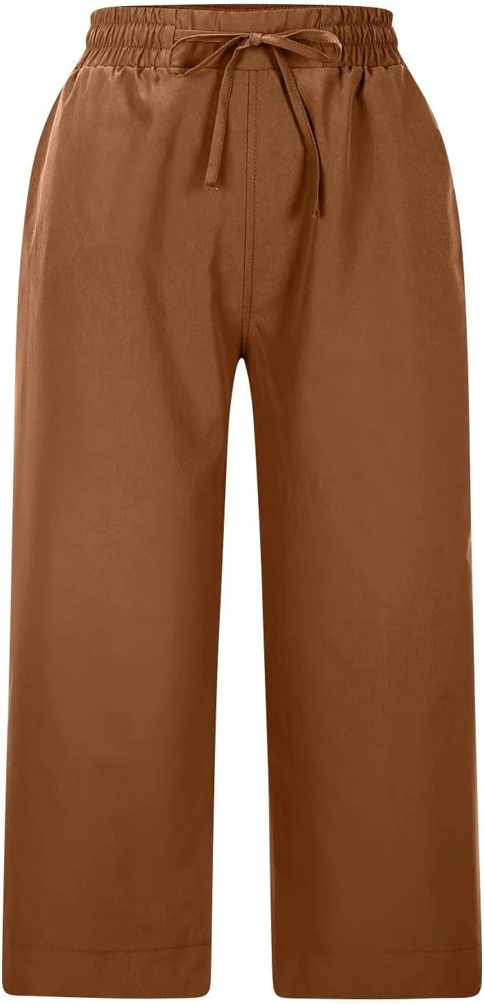 Casual Capri Pants for Women Summer Lightweight Drawstring Waist Lounge Pants with Pockets Split Hem Travel Capris