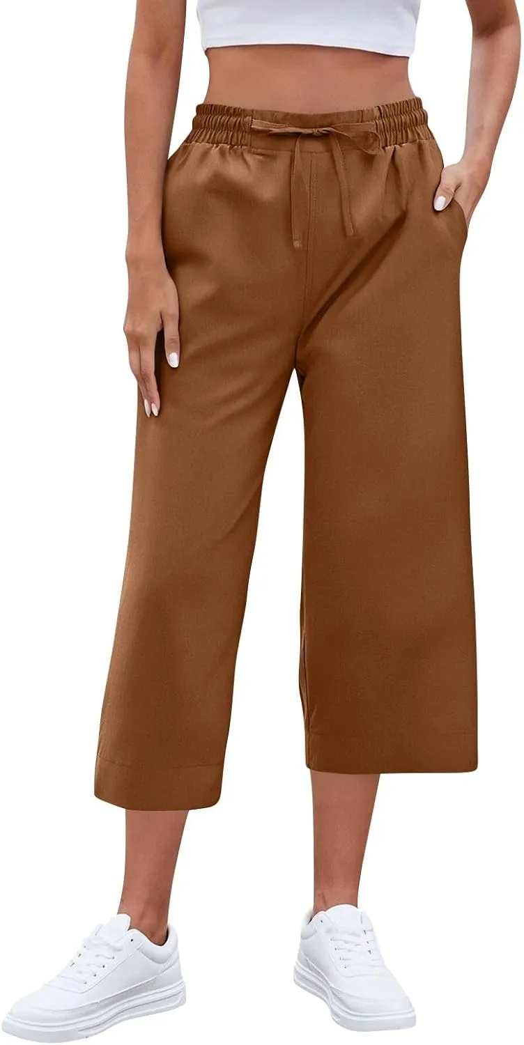Casual Capri Pants for Women Summer Lightweight Drawstring Waist Lounge Pants with Pockets Split Hem Travel Capris